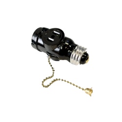 Pull chain socket adapter medium base single to twin outlets black