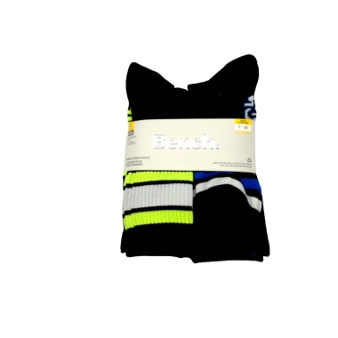 Socks Men's Crew 6pk. Black w/Green, Blue Or White Stripe Ass't Bench