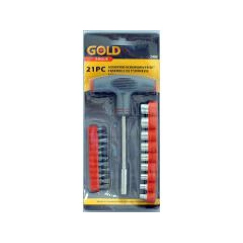 Screwdriver T-handle with Assorted bits and sockets - 21 pcs