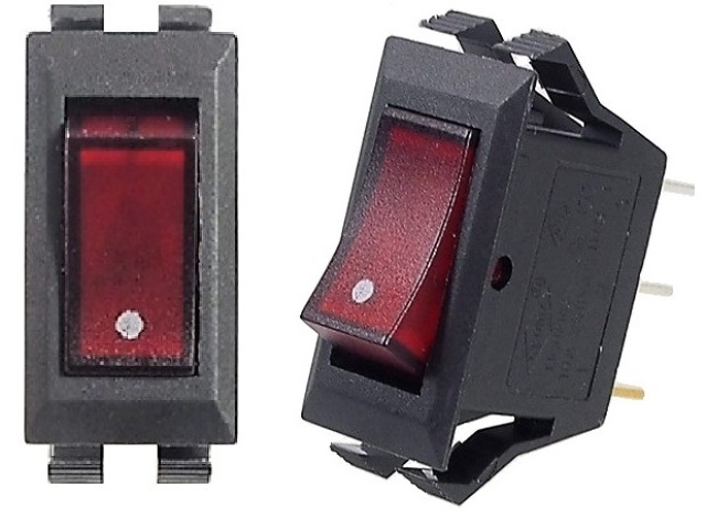 ON-OFF red rocker switch 16A  / 250 VAC. - S.P.S.T., 3 pins
