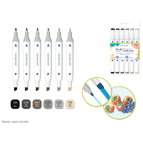 Color Factory: Water-Based Twin Markers Fine+Broad Tips 6pk D) Monochrome