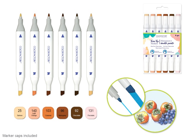 Color Factory: Water-Based Twin Markers Fine+Broad Tips 6pk E) Skin Tones