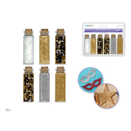 Craft Medley: 50.4g Glitter/Confetti Vials Asst w/Cork Lid (6x8.4g) B) Metallique