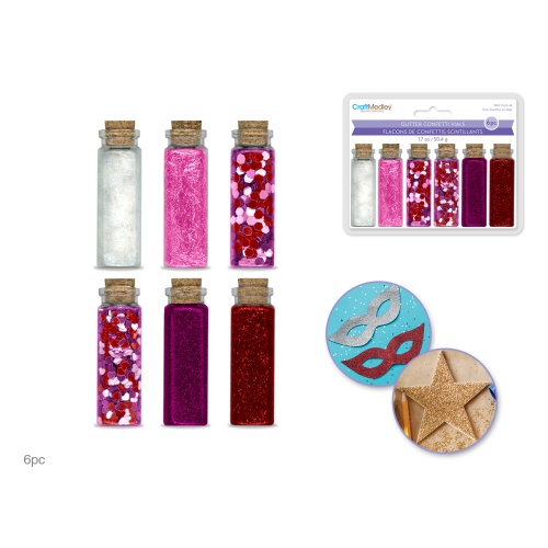 Craft Medley: 50.4g Glitter/Confetti Vials Asst w/Cork Lid (6x8.4g) C) Rouge