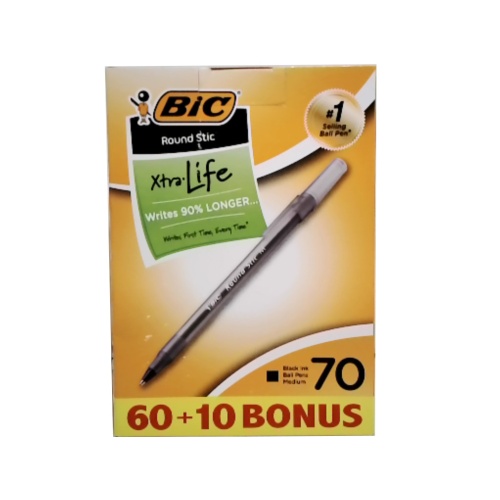 Pen Bic Round Stic 70pk. Black Ink Xtra Life or B/U $0.20each
