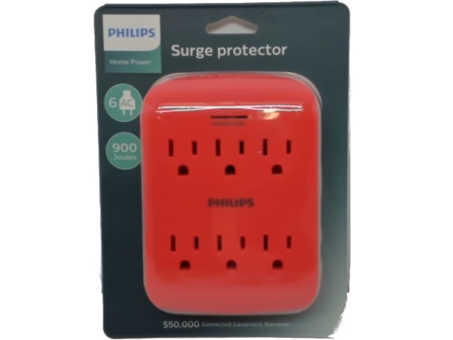 Surge Protector 6 Outlet Wall Tap 900 Joules Coral Philips