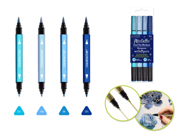 Color Factory: Metallic Dual-Tip Markers Fine+Brush 4pk Water Based A) Shades Of Blue