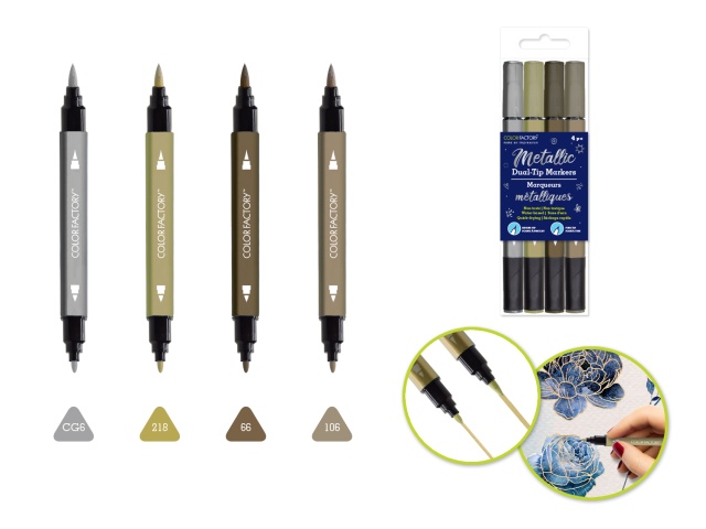 Color Factory: Metallic Dual-Tip Markers Fine+Brush 4pk Water Based B) Metallique