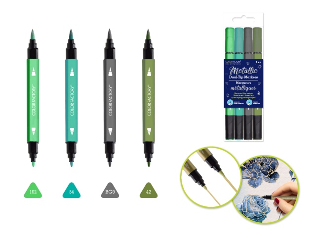 Color Factory: Metallic Dual-Tip Markers Fine+Brush 4pk Water Based C) Verde