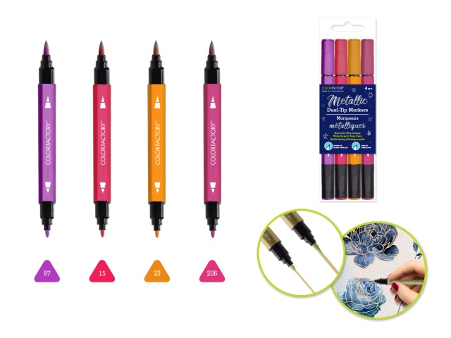 Color Factory: Metallic Dual-Tip Markers Fine+Brush 4pk Water Based D) Fresh