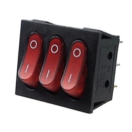 Red Rocker Switch Triple ON-OFF 20A / 125 VAC  or 15A / 250V 3.P.D.T. 9 pins