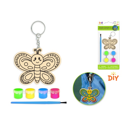 Krafty Kids Kit: DIY Wood Keychain Kit w/4 Paint Pots+Brush A) Butterfly