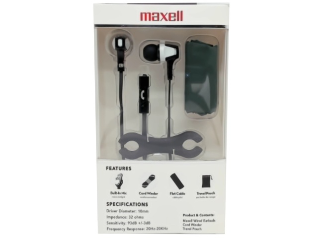 Wired Earbuds W/mic, Tangle-free Winder & Travel Pouch Maxell