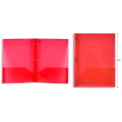 Plastic Portfolio With Prongs & 2 Pockets, Red Translucent 8.5x11.25 inch