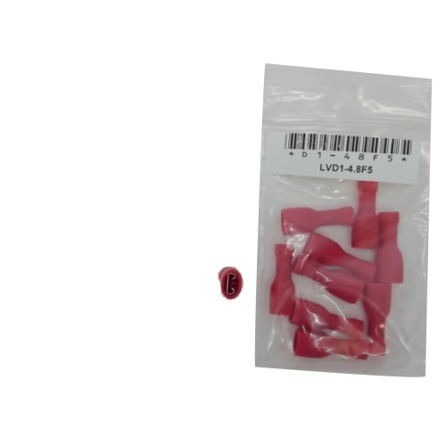 Fully Insulated Female Disconnect Crimp Terminal Stud Size: 0.5 X 4.75 / 0.020 X 0.187-Red Bag of 10