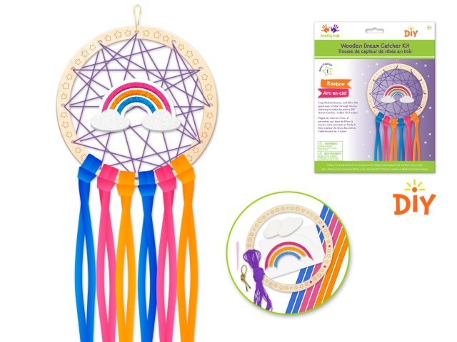 Krafty Kids Kit: DIY Wooden Dream Catcher Kit W/Ribbon Tails A) Rainbow