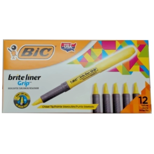 Highlighter Brite Liner Grip 12pk. Yellow Chisel Tip Bic (or $0.79ea)