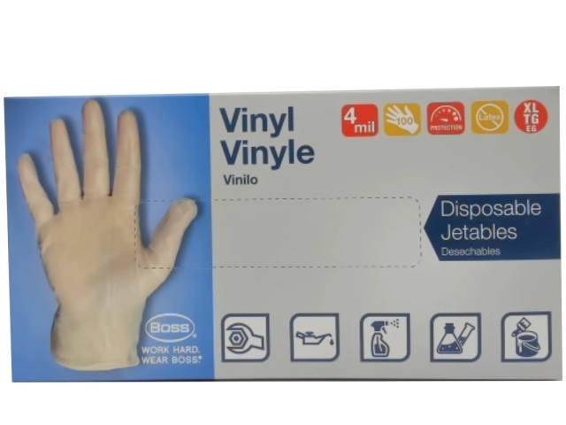 Disposable Gloves Vinly 100pk. XL 4mil Boss