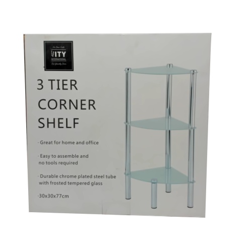 3 tier corner shelf with frosted glass shelves 30x30x70cm
