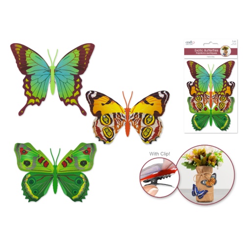 Craft Decor: 11cmx8cm Patterned Butterflies x3 w/Clip A) Green