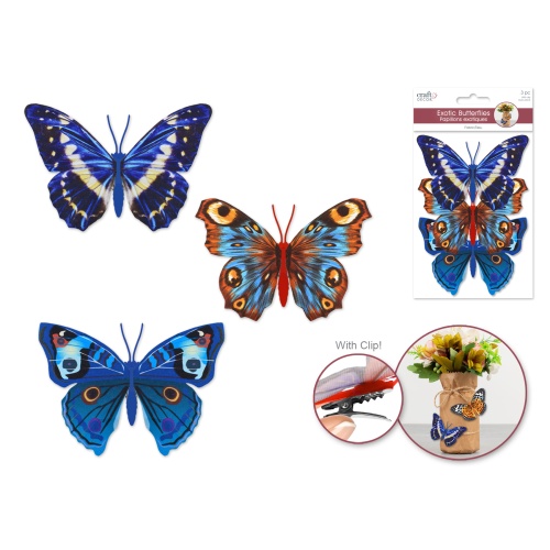 Craft Decor: 11cmx8cm Patterned Butterflies x3 w/Clip B) Blue