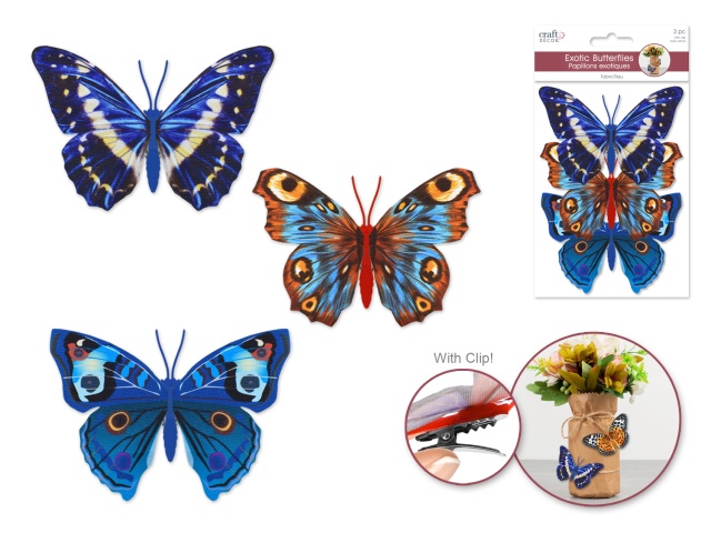 Craft Decor: 11cmx8cm Patterned Butterflies x3 w/Clip B) Blue