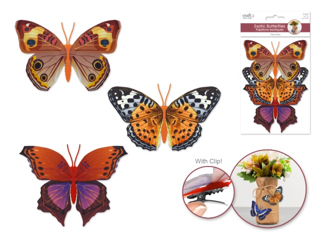 Craft Decor: 11cmx8cm Patterned Butterflies x3 w/Clip C) Monarch
