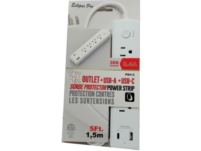 Powerbar with surge protector 4 outlet USB-A Type-C with 5 foot cord