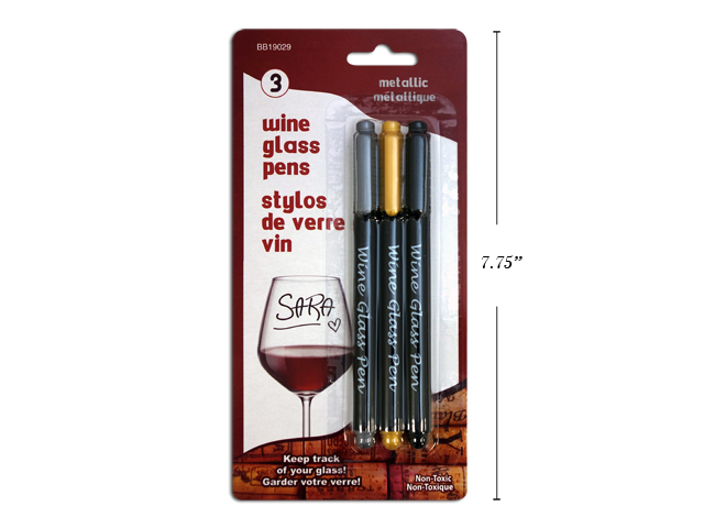 Metallic Wine Glass Pens. 3 Asst.Colours: Black / Gold / Silver 3 pack