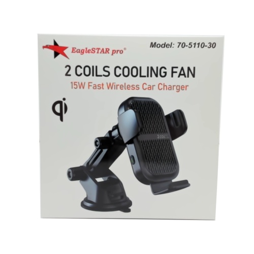 Car charger wireless 15W fast charge suction cup mount - 2 coils and cooling fan
