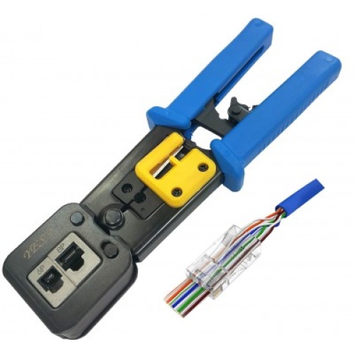 Crimper tool for pass-thru multi-modular plug - strips/cuts/crimps RJ45 RJ12 RJ11 RJ6