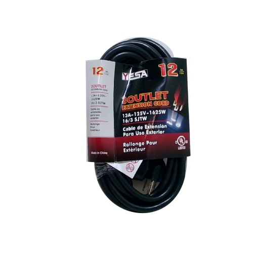Extension cord 16 gauge 12 foot outdoor 3 outlet 3 prong black