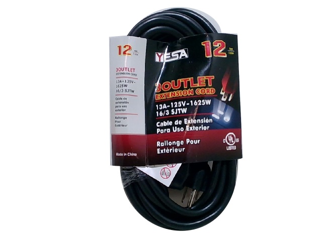 Extension cord 16 gauge 12 foot outdoor 3 outlet 3 prong black
