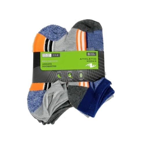 Socks Boys Anklets 6pk. Size 11-2 Ass't Colours Athletic Works