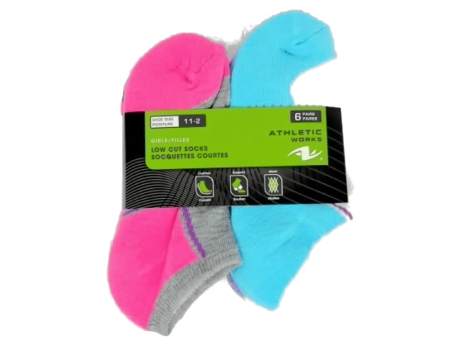 Socks Girls Low Cut 6pk. Size 11-2 Ass\'t Colours Athletic Works