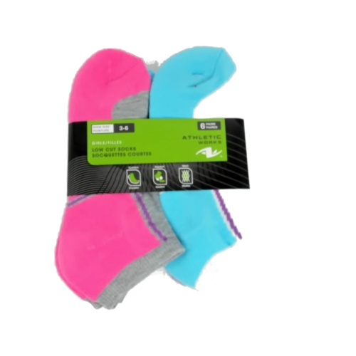 Socks Girls Low Cut 6pk. Size 3-6 Ass't Colours Athletic Works