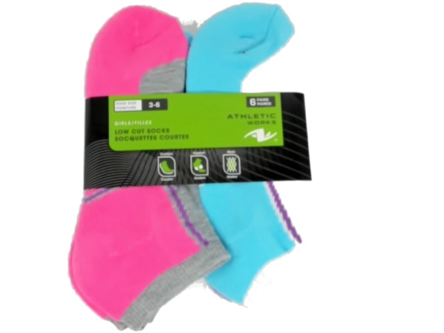 Socks Girls Low Cut 6pk. Size 3-6 Ass\'t Colours Athletic Works