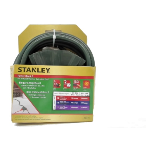 Extension Cord 8' Outdoor 3 Outlet AWG 16/3 SJT Power Block 8 Stanley