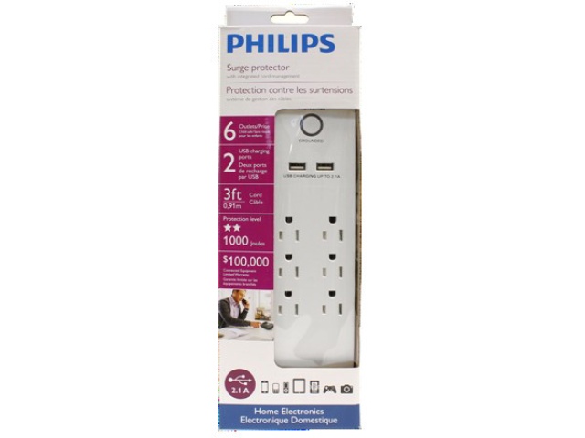 Philips Power bar w/6 outlet & 2 USB 2.1a - 3ft cord - 1000 joules