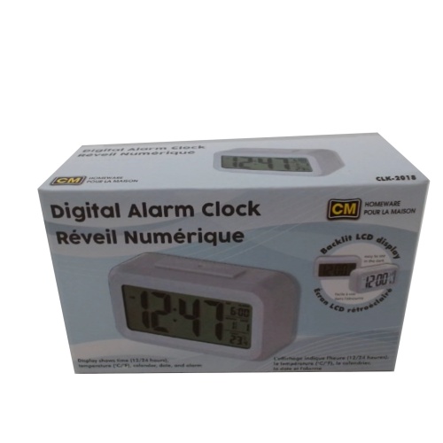 Digital alarm clock with time temperature and date