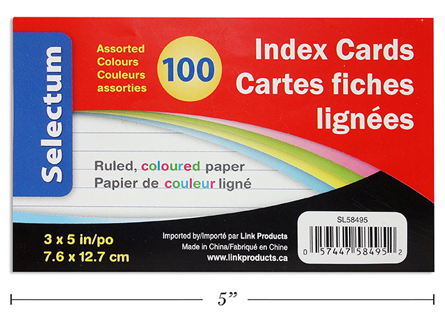 COLOURED INDEX CARDS 3X5RULED100/SHRINK WRAPPED\