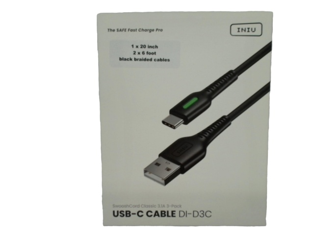 USB-A To USB-C Cable 3pk. Swooshcord Classic 3.1A Iniu