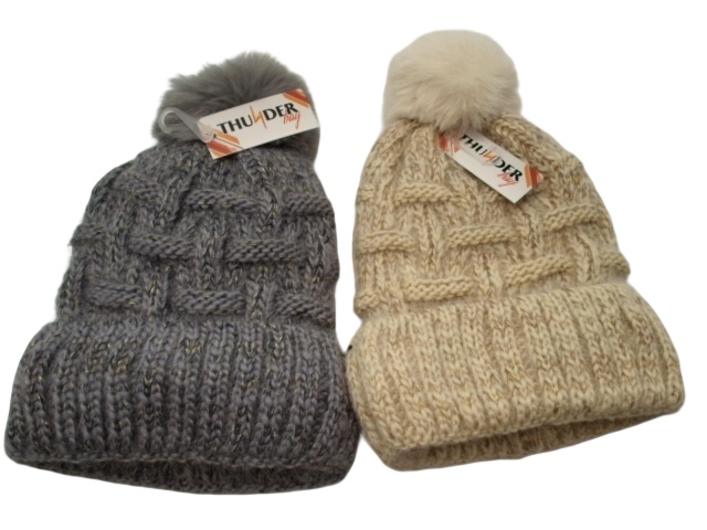 Ladies Insulated Hat w/Fur And Pom Assorted - each sold individually