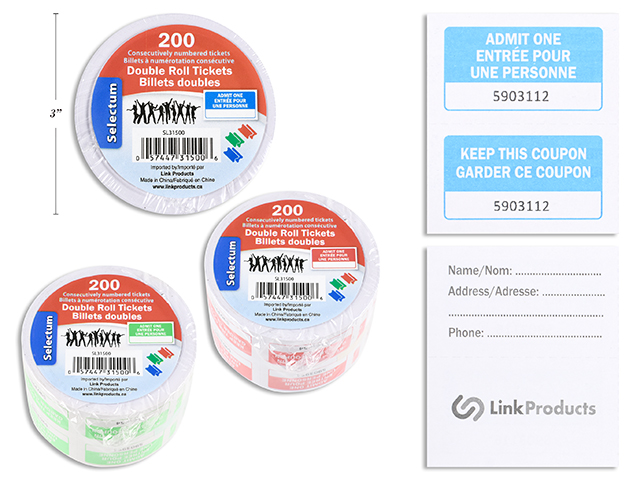Raffle ticket coupons roll - numbered 250 per roll 3 assorted colours