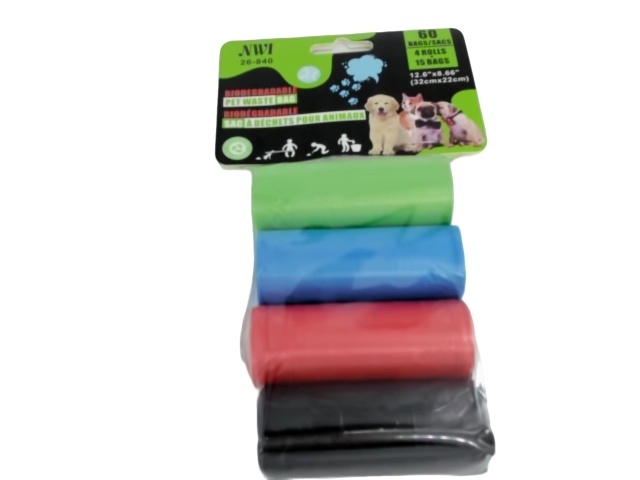PET WASTE BAGS 4 ROLLS/PACK BIODEGRADABLE 15 BAGS/ROLL,32CM X 22CM (endcap)
