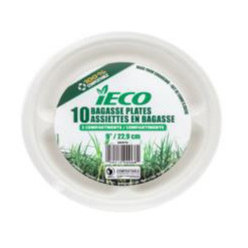 iECO 9 BAGASSE PLATE 3 COMPARTMENTS 10/PK