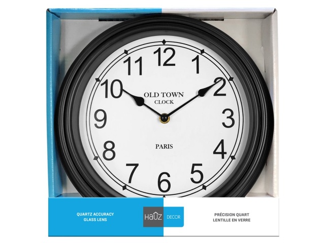 Hauz | Round 12 wall clock with large black borders and white background\