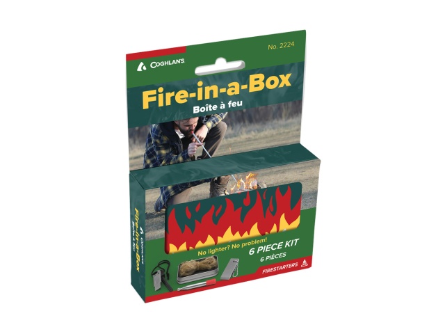 Fire In A Box - magnesium bar, flint rod, flint scraper, bellow, jute tinder in tin storage can