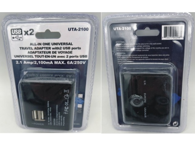 Universal travel adaptor with 2 usb port 2.1A total for export use - black