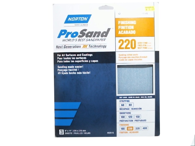 Sandpaper 220 grit very fine 3 sheets 9x11 inch